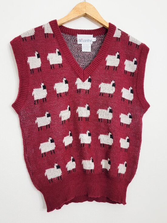 Vintage Sweaters - Vintage Sheep Print Acrylic Sweater Vest Large
